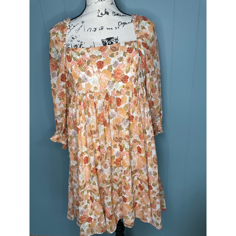 Storia Floral Mini Dress‎ Womens Large Puff Sleeve, Cottagecore Prairie Babydoll
